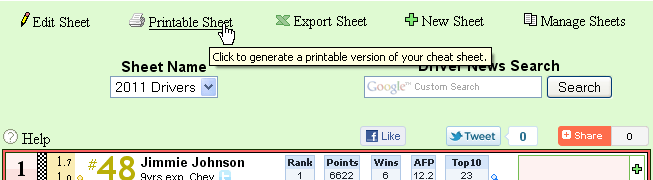 Racing cheat sheet with printable option.
