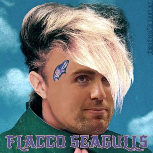 A funny fantasy football logo of Joe Flacco. Flacco Seagulls Meme Logo