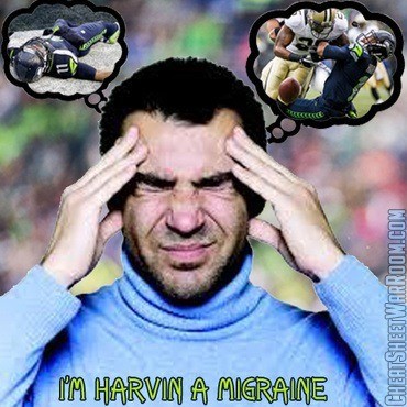 A funny fantasy football icon of Percy Harvin. I'm Harvin' a Migraine Meme Logo