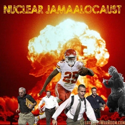 Funny fantasy football logo for Jamaal Charles Nuclear Jamaalocaust Meme