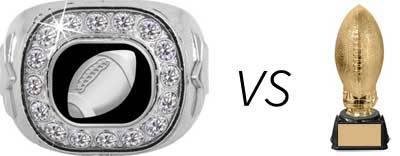 Comparison of fantasy football championship ring to a trophy