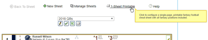 Generated a printable cheat sheet for a single fantasy position.