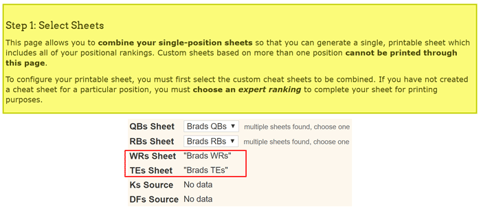 Choosing positions for fantasy football cheat sheet.