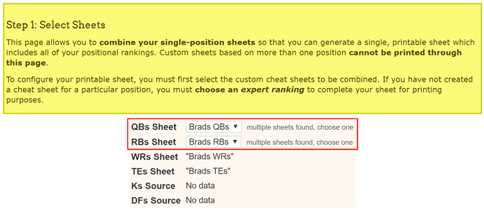 Choosing positions for fantasy football cheat sheet.