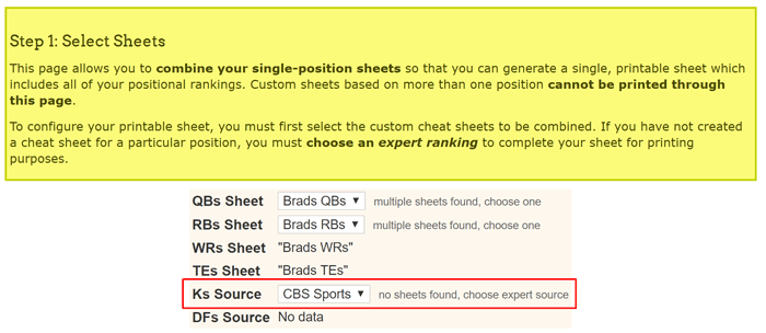 Choosing positions for fantasy football cheat sheet.