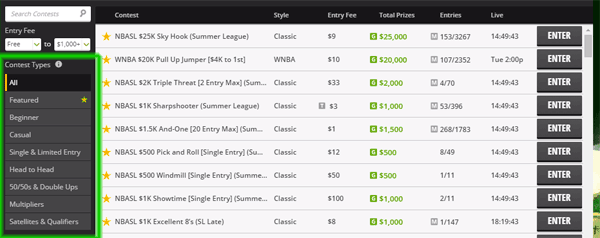DraftKings Contest Types Filter