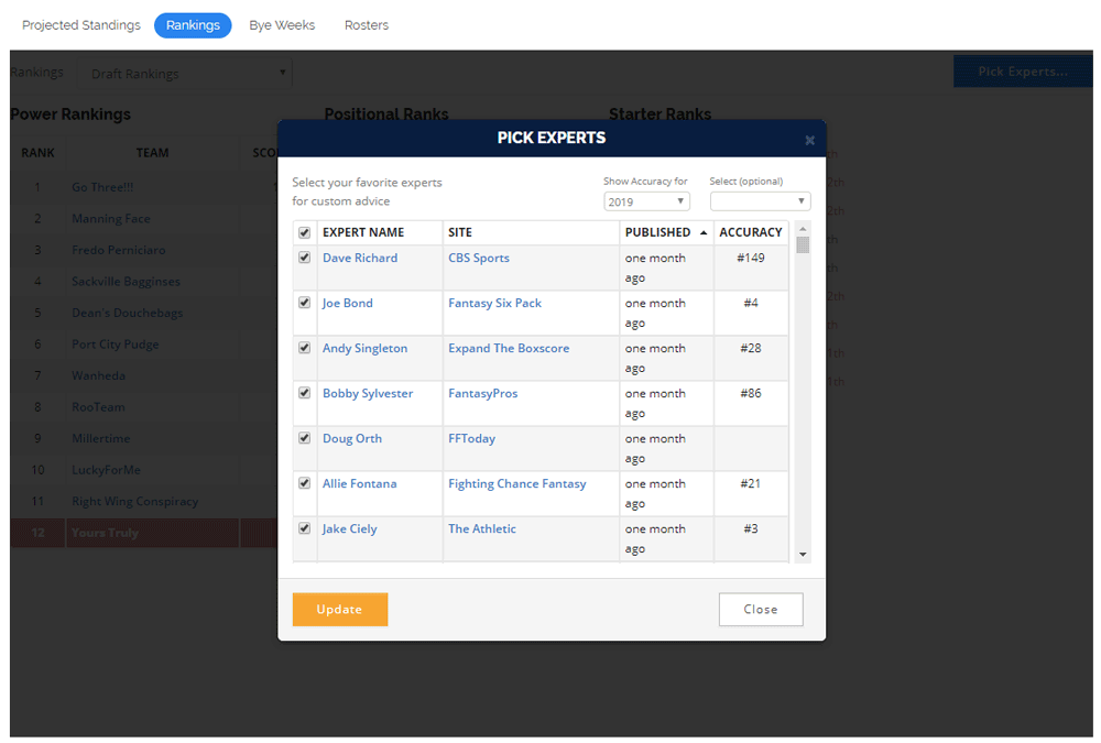 League Analyzer showing Expert Picks