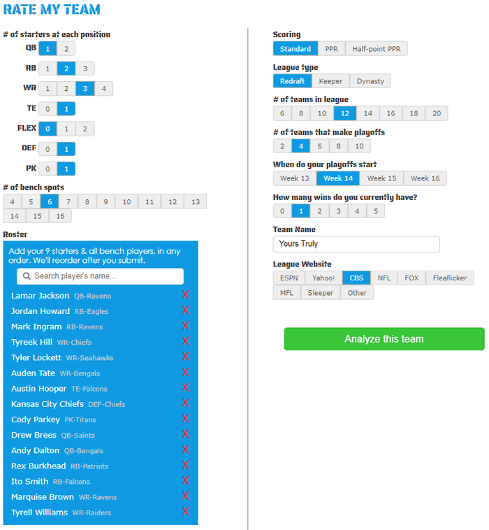 Configuring the Free Fantasy Football Team Analysis Tool